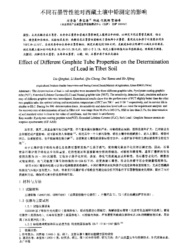 不同石墨管性能对西藏土壤中铅测定的影响