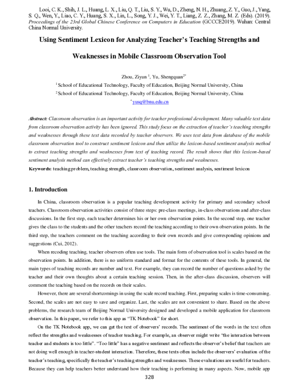 UsingSentimentLexiconforAnalyzingTeachersTeachingStrengthsandWeaknessesinMobileClassroomObservationTool