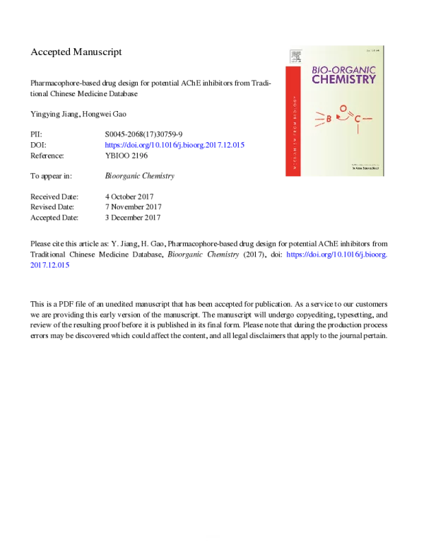 Pharmacophore-baseddrugdesignforpotentialAChEinhibitorsfromTraditionalChineseMedicineDatabase