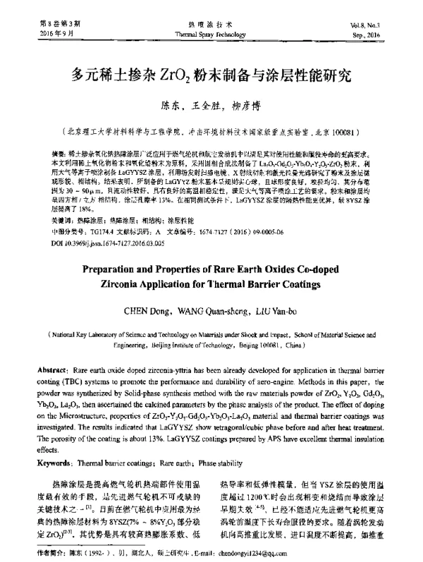 多元稀土掺杂Zr02粉末制备与涂层性能研究