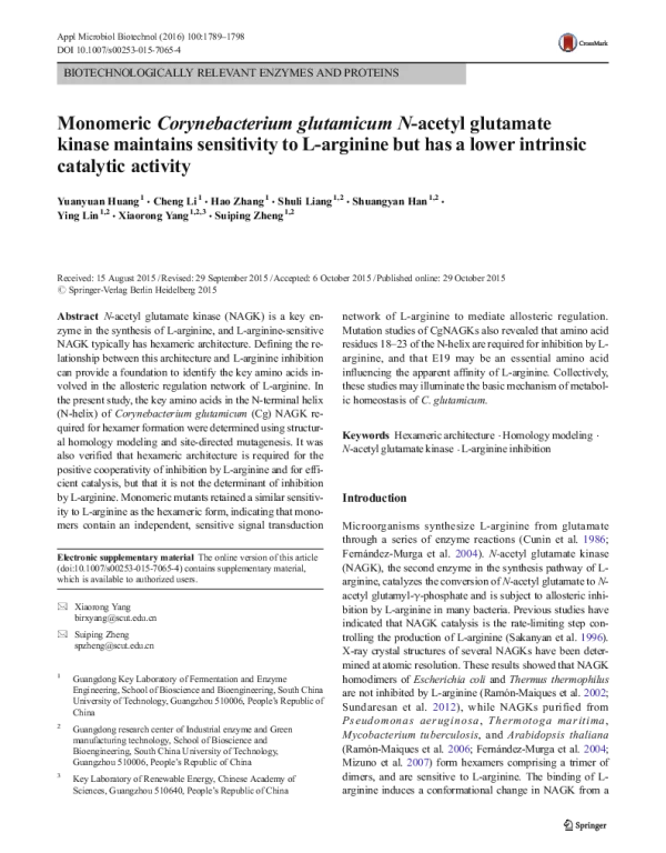 MonomericCorynebacteriumglutamicumN-acetylglutamatekinasemaintainssensitivitytoL-argininebuthasalowerintrinsiccatalyticactivity