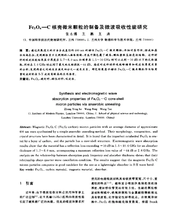 Fe3O4-C核壳微米颗粒的制备及微波吸收性能研究