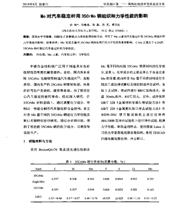 Mo对汽车稳定杆用35CrMo钢组织和力学性能的影响
