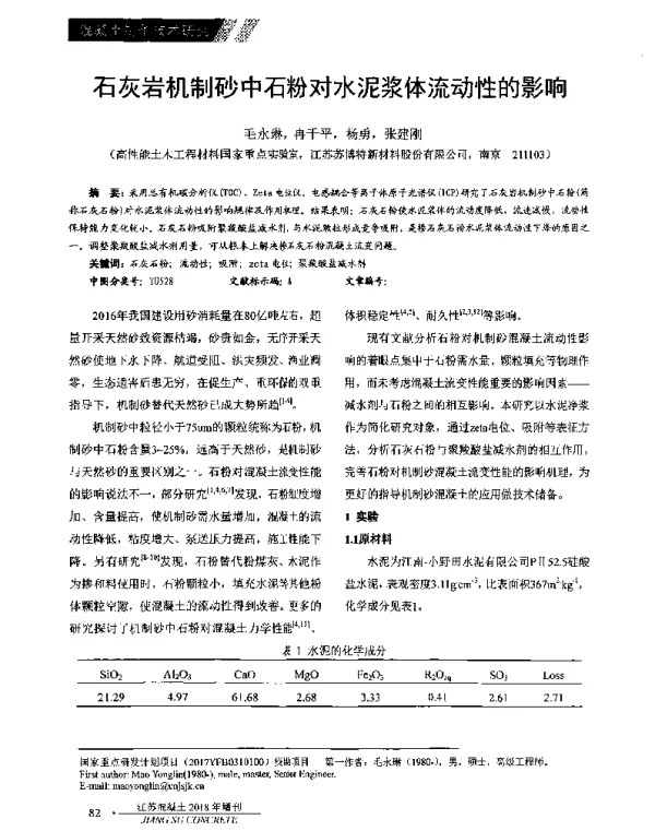石灰岩机制砂中石粉对水泥浆体流动性的影响