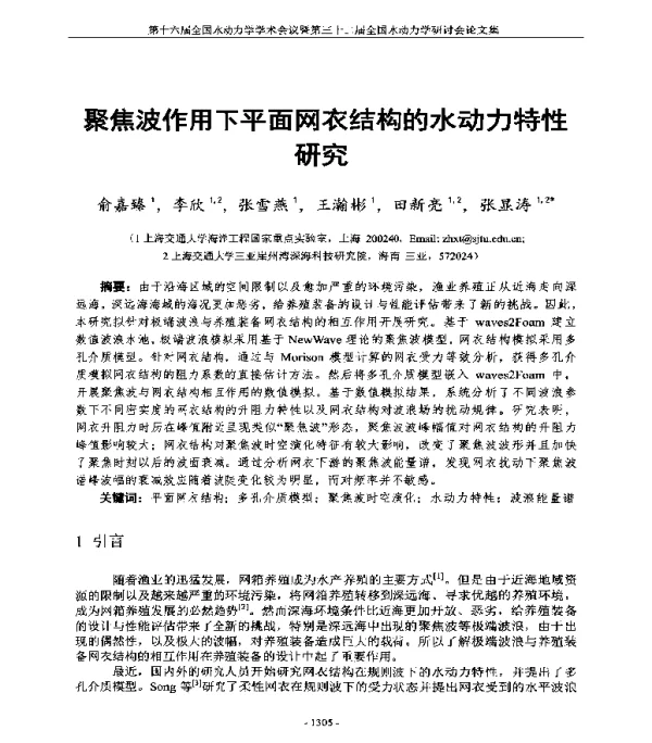 聚焦波作用下平面网衣结构的水动力特性研究