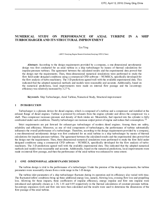 NUMERICALSTUDYONPERFORMANCEOFAXIALTURBINEINASHIPTURBOCHARGERANDITSSTRUCTURALIMPROVEMENT