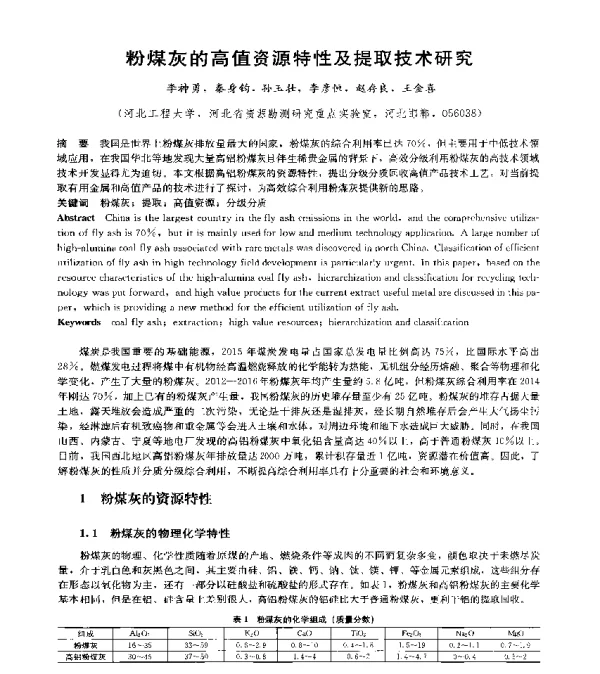 粉煤灰的高值资源特性及提取技术研究
