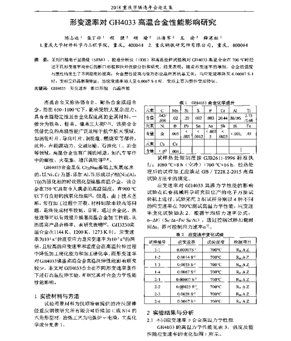 形变速率对GH4033高温合金性能影响研究