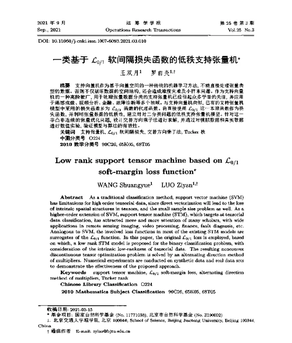 一类基于(￡)01软间隔损失函数的低秩支持张量机
