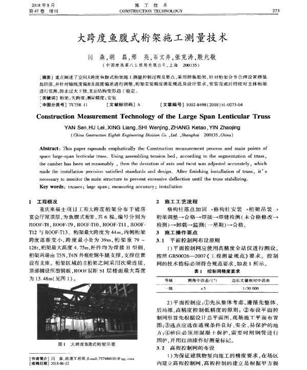 大跨度鱼腹式桁架施工测量技术
