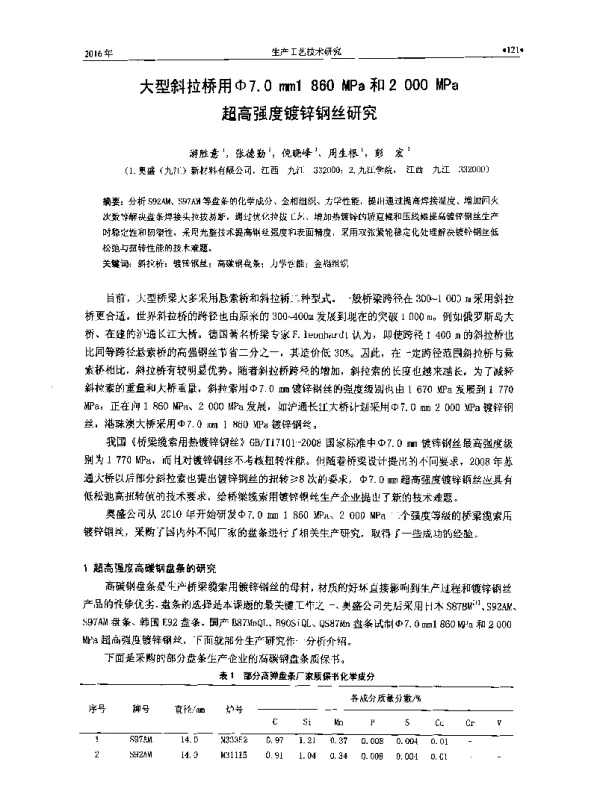 大型斜拉桥用φ7.0mm1860MPa和2000MPa超高强度镀锌钢丝研究
