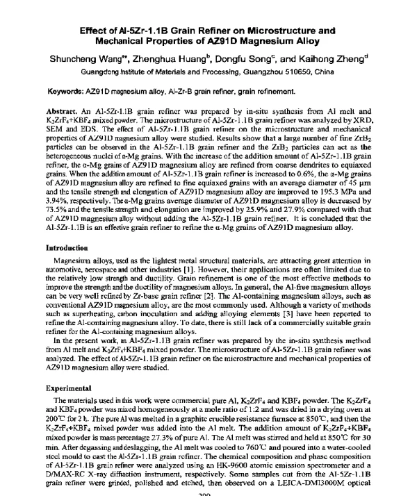 EffectofAl-5Zr-1.1BGrainRefineronMicrostructureandMechanicalPropertiesofAZ91DMagnesiumAlloy