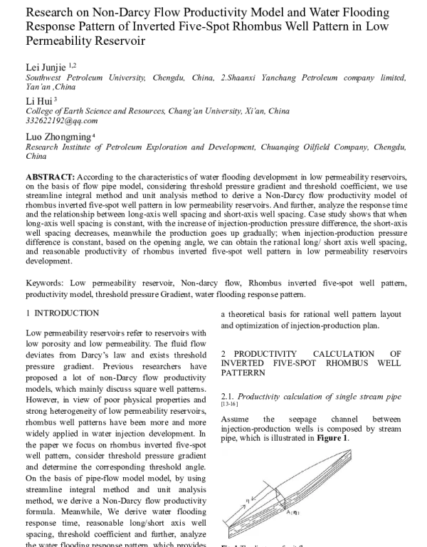 ResearchonNon-DarcyFlowProductivityModelandWaterFloodingResponsePatternofInvertedFive-SpotRhombusWellPatterninLowPermeabilityReservoir