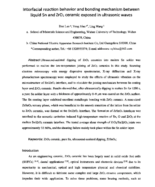 InterfacialreactionbehaviorandbondingmechanismbetweenliquidSnandZrO2ceramicexposedinultrasonicwaves