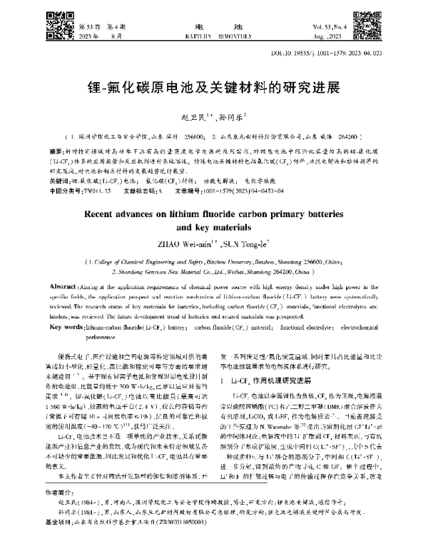 锂-氟化碳原电池及关键材料的研究进展