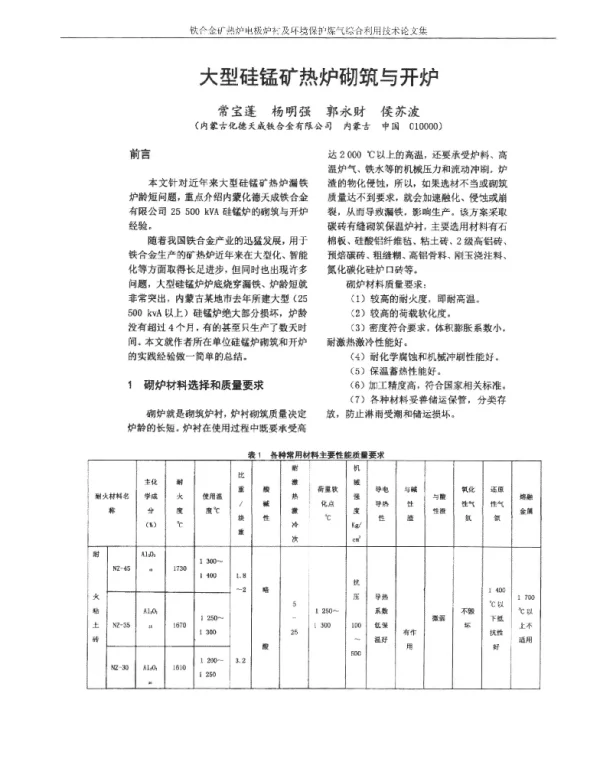 大型硅锰矿热炉砌筑与开炉