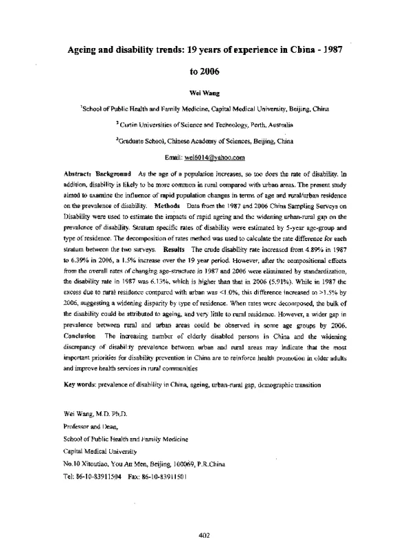 Ageinganddisabilitytrends19yearsofexperienceinChina-1987to2006