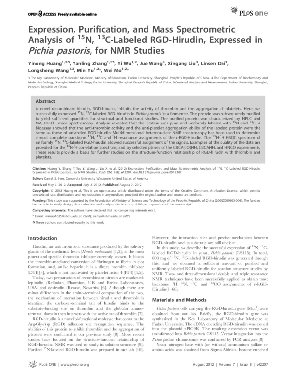 ExpressionPurificationandMassSpectrometricAnalysisof15N13C-LabeledRGD-HirudinExpressedinPichiapastorisforNMRStudies