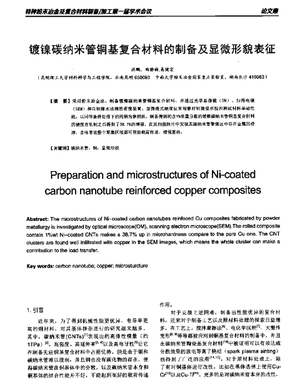 镀镍碳纳米管铜基复合材料的制备及显微形貌表征
