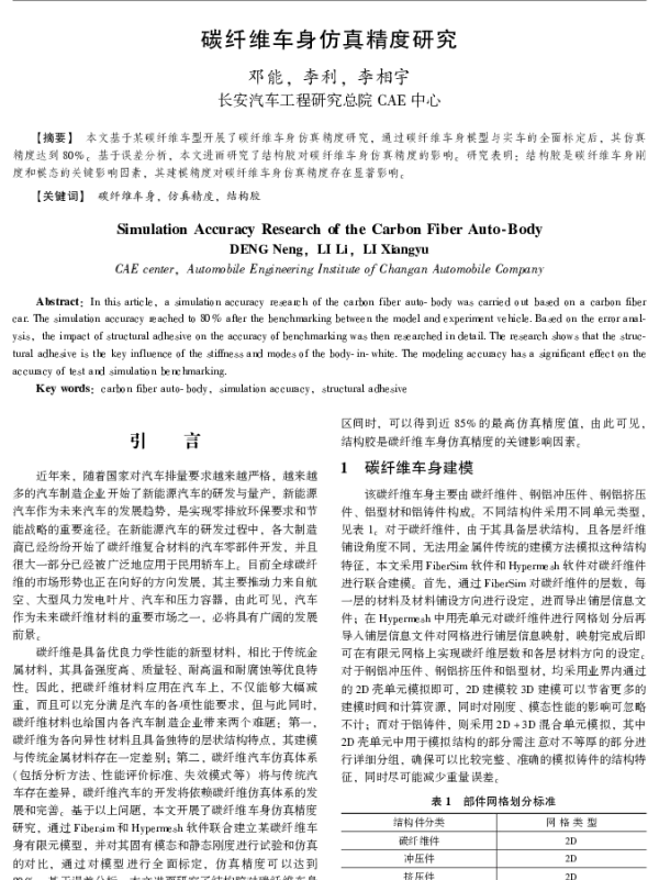 碳纤维车身仿真精度研究