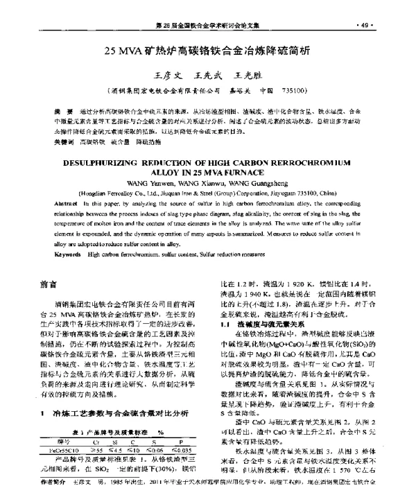 25MVA矿热炉高碳铬铁合金冶炼降硫简析