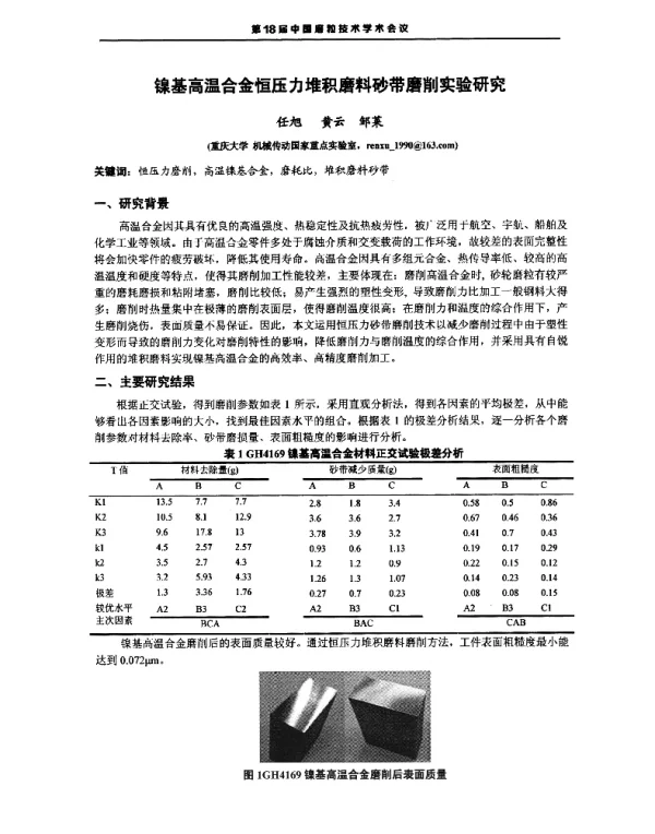 镍基高温合金恒压力堆积磨料砂带磨削实验研究