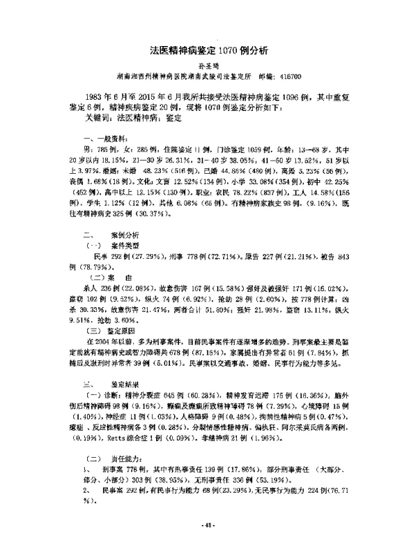 法医精神病鉴定1070例分析