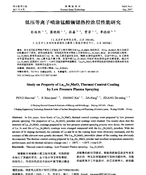 低压等离子喷涂锰酸镧锶热控涂层性能研究