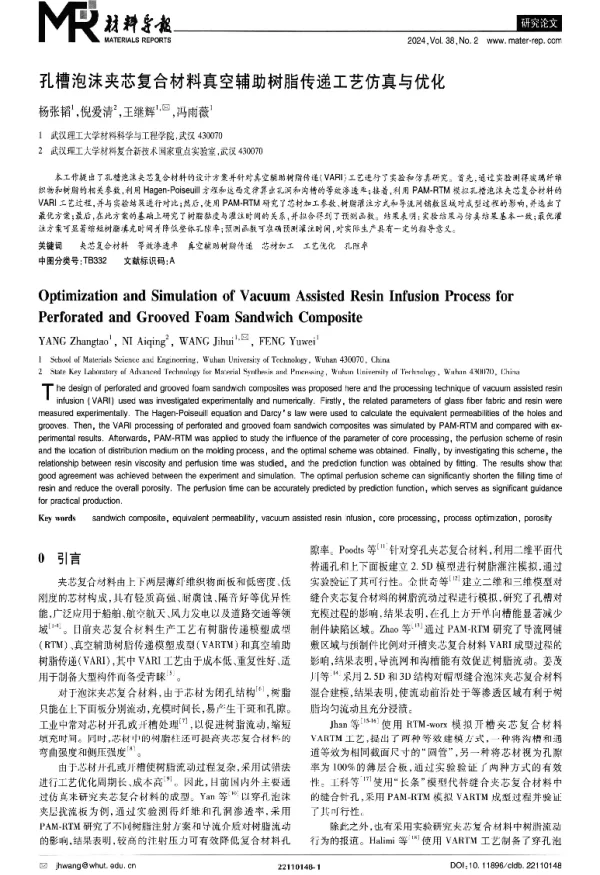孔槽泡沫夹芯复合材料真空辅助树脂传递工艺仿真与优化