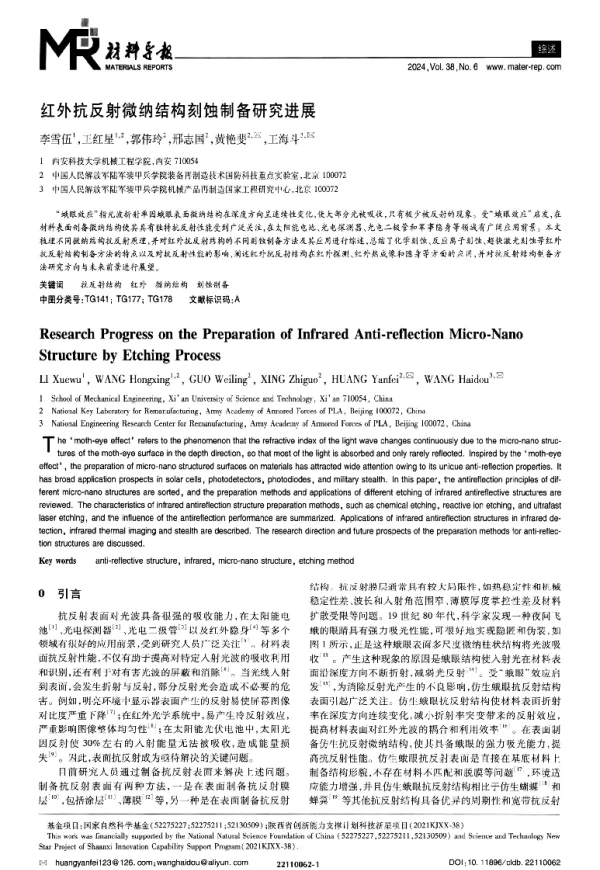 红外抗反射微纳结构刻蚀制备研究进展