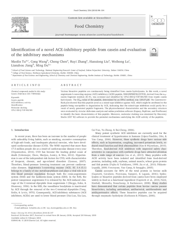 IdentificationofanovelACE-inhibitorypeptidefromcaseinandevaluationoftheinhibitorymechanisms