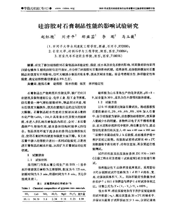 硅溶胶对石膏制品性能的影响试验研究