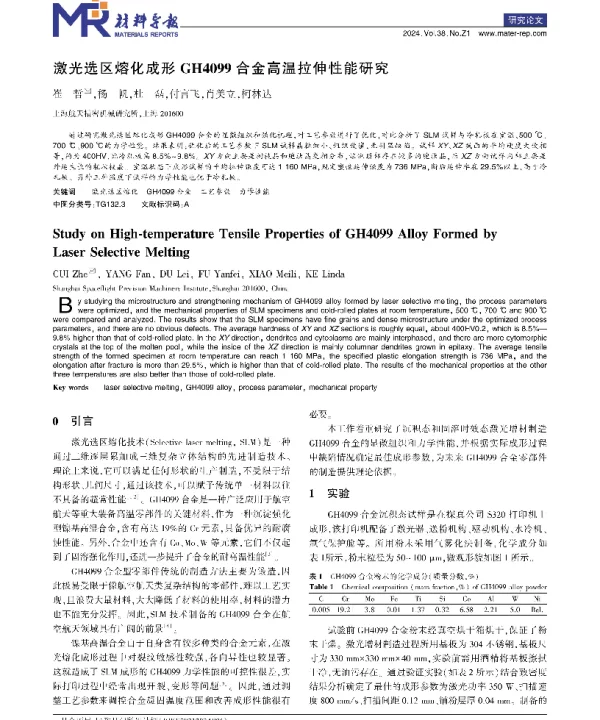 激光选区熔化成形GH4099合金高温拉伸性能研究