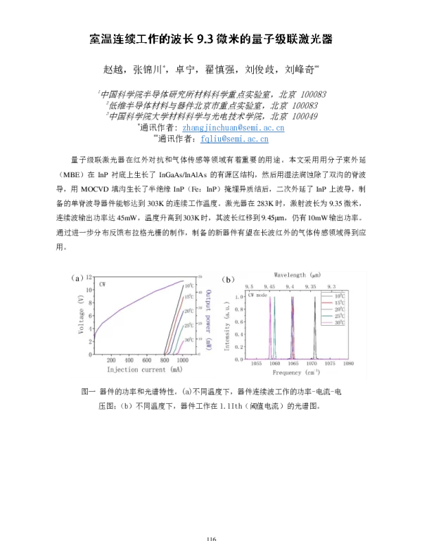 室温连续工作的波长9.3微米的量子级联激光器
