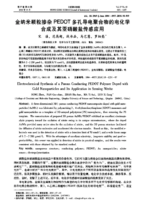 金纳米颗粒掺杂PEDOT多孔导电聚合物的电化学合成及其亚硝酸盐传感应用