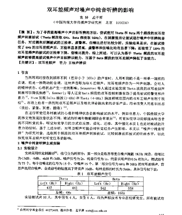 双耳差频声对噪声中纯音听辨的影响