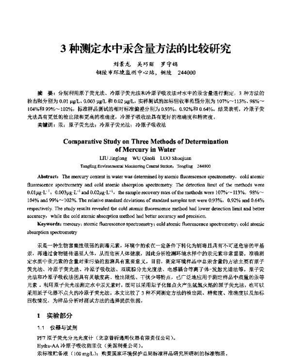 3种测定水中汞含量方法的比较研究