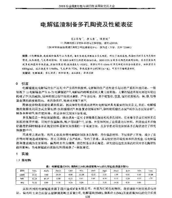 电解锰渣制备多孔陶瓷及性能表征