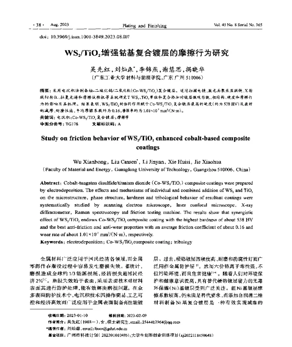 WS2TiO2增强钻基复合镀层的摩擦行为研究