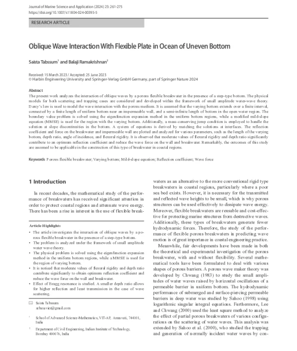 Oblique Wave Interaction With Flexible Plate in Ocean of Uneven Bottom