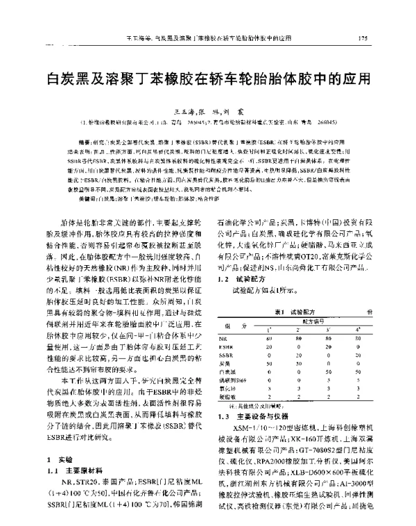 白炭黑及溶聚丁苯橡胶在轿车轮胎胎体胶中的应用