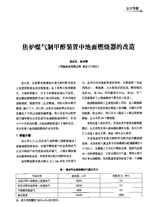 焦炉煤气制甲醇装置中地面燃烧器的改造