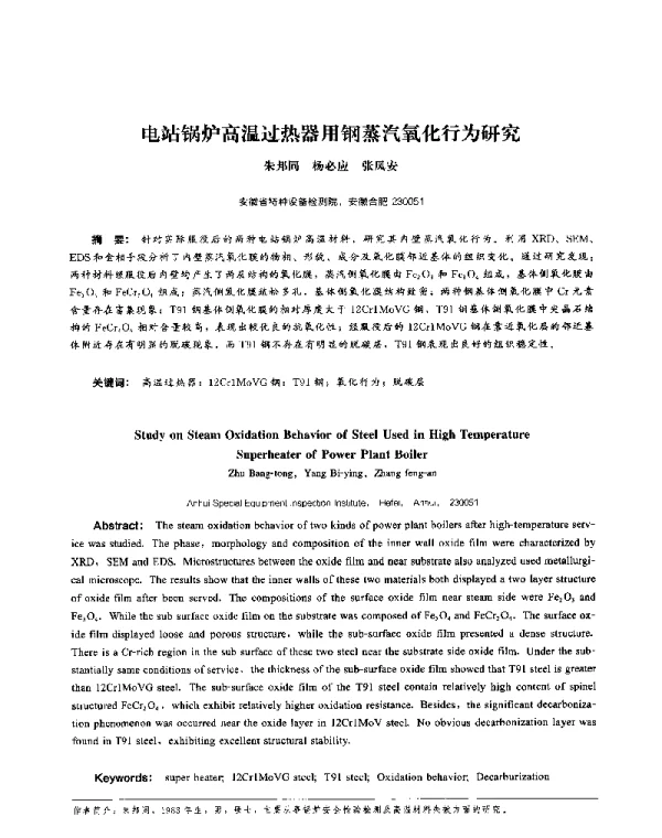 电站锅炉高温过热器用钢蒸汽氧化行为研究