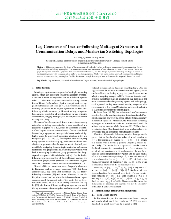 LagConsensusofLeader-FollowingMultiagentSystemswithCommunicationDelaysandMarkovianSwitchingTopologies