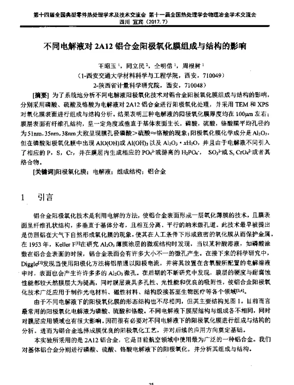 不同电解液对2A12铝合金阳极氧化膜组成与结构的影响