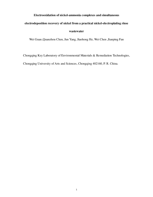 Electrooxidationofnickel-ammoniacomplexesandsimultaneouselectrodepositionrecoveryofnickelfromapracticalnickel-electroplatingrinsewastewater