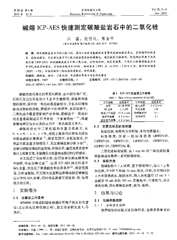 碱熔ICP-AES快速测定碳酸盐岩石中的二氧化硅