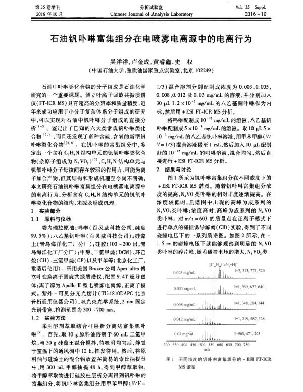 石油钒卟啉富集组分在电喷雾电离源中的电离行为
