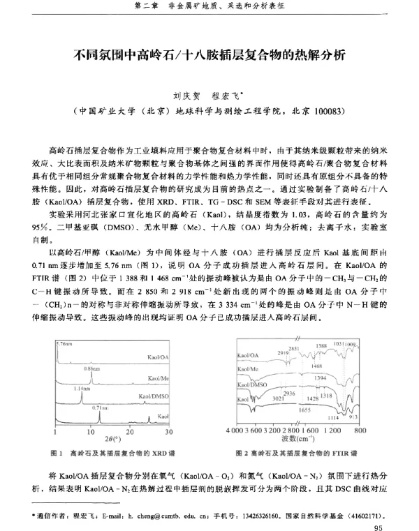 不同氛围中高岭石十八胺插层复合物的热解分析