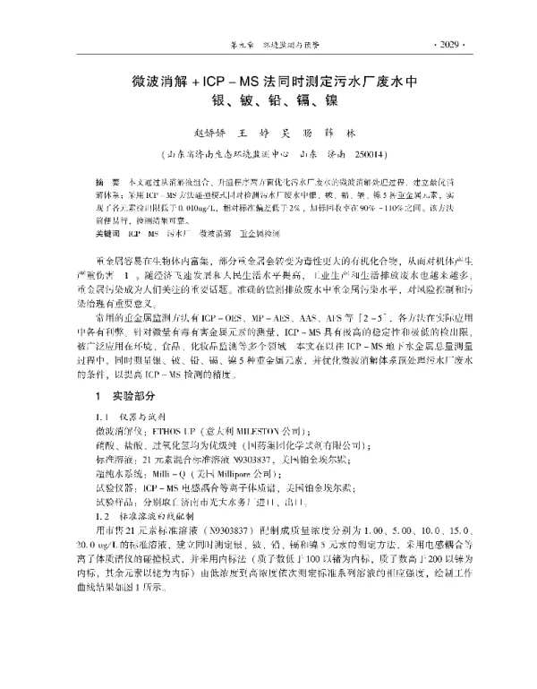 微波消解+ICPMS法同时测定污水厂废水中银、铍、铅、镉、镍